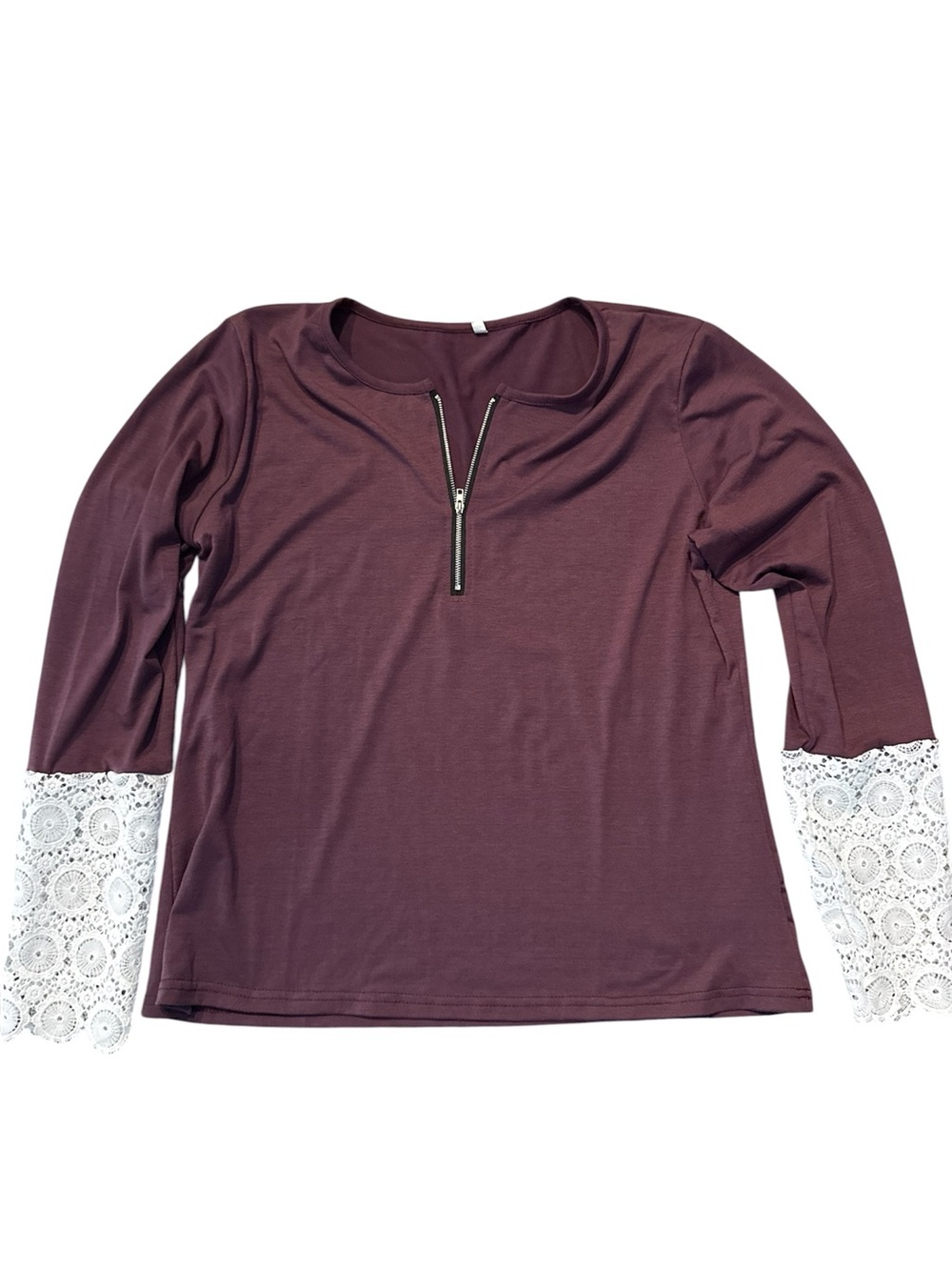 Women's Plum Zip-Front Top with Lace Cuffs